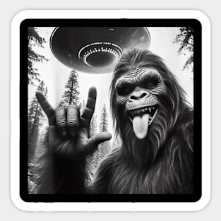 Funny Sasquatch Bigfoot Graphic Women Rock On Selfie With UFO Alien Sticker